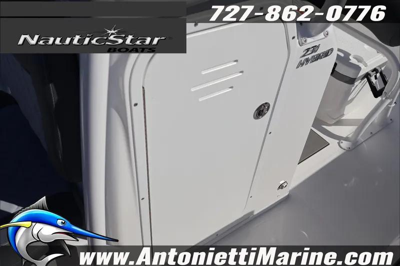 Slide: The Image of 2026 NauticStar 231 Hybrid boat interior with branding and contact details. - 40