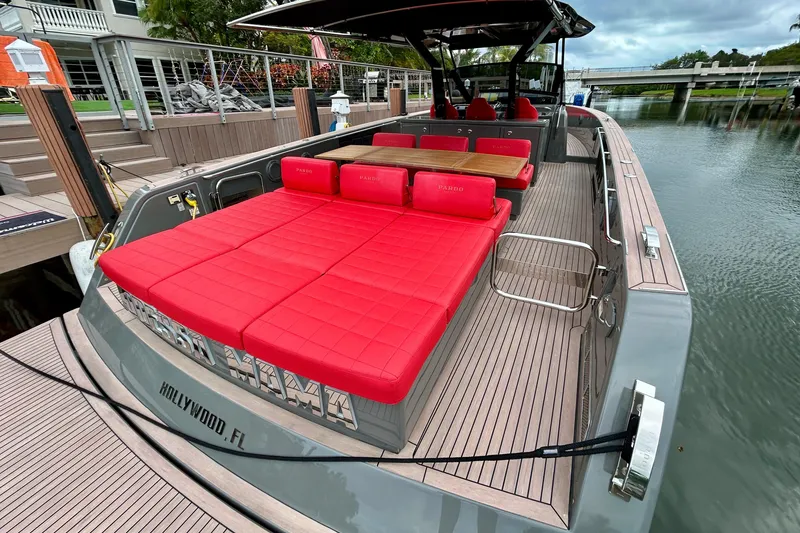 Slide: The Image of 2023 Pardo Yachts 43 with red seating, docked in Hollywood, FL. - 13