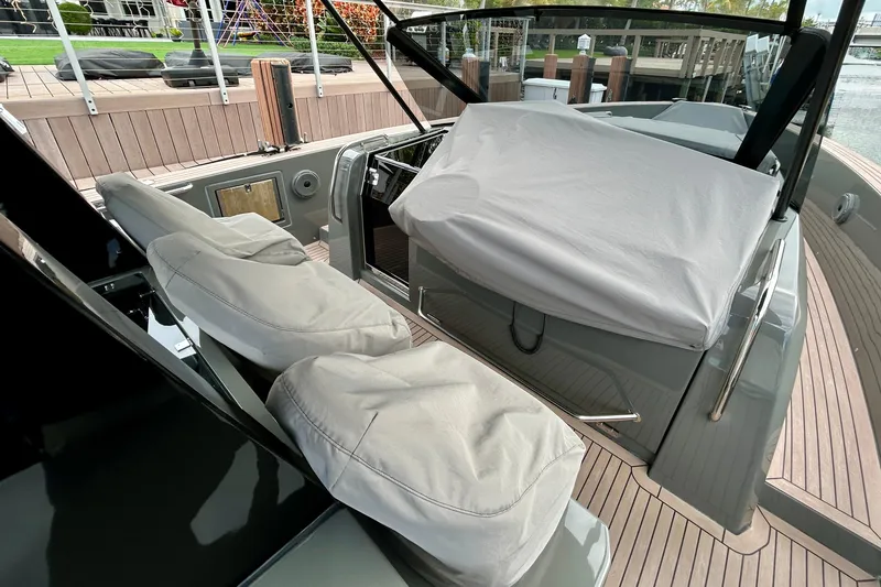 Slide: The Image of 2023 Pardo Yachts 43 cockpit with covered seating and sleek design. - 57