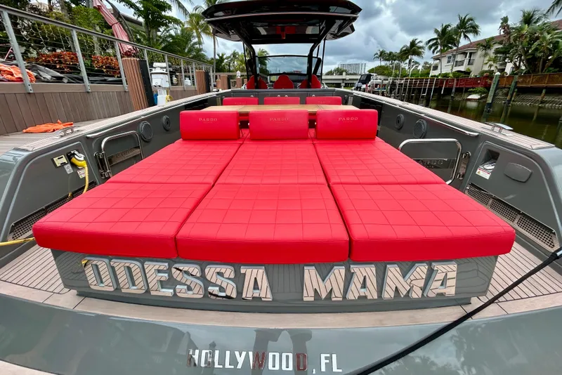 Slide: The Image of 2023 Pardo Yachts 43 with red seating, docked in Hollywood, FL. - 9