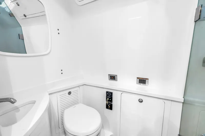 Slide: The Image of 2023 HCB 53 Suenos RXV yacht bathroom with modern fixtures and sleek design. - 82