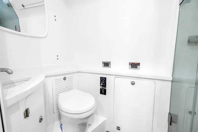 Slide: The Image of 2023 HCB 53 Suenos RXV boat bathroom with modern fixtures and sleek design. - 85