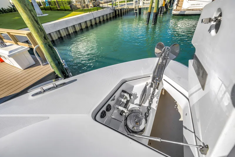 Slide: The Image of 2023 HCB 53 Suenos RXV boat anchor compartment at dockside. - 9