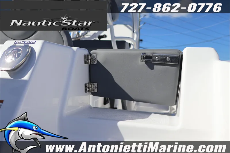 Slide: The Image of 2026 NauticStar 222 Offshore boat interior with fresh water feature, Antonietti Marine branding. - 13