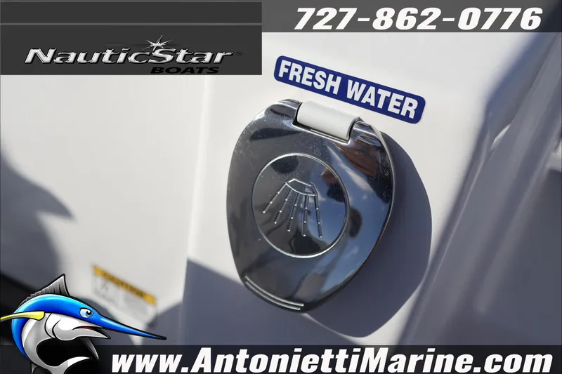 Slide: The Image of 2026 NauticStar 222 Offshore boat fresh water access with contact details and logo. - 14