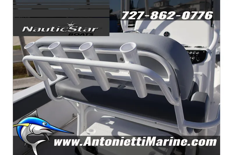 Slide: The Image of 2026 NauticStar 222 Offshore boat interior with rod holders, Antonietti Marine branding. - 23