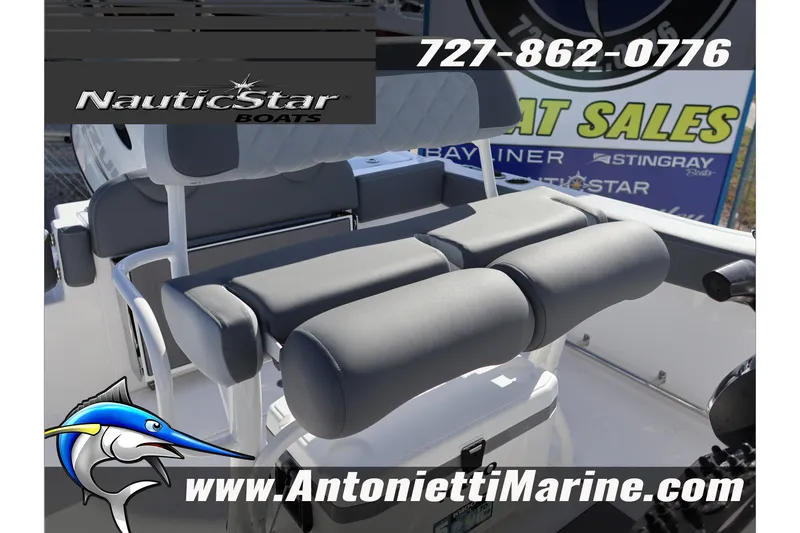 Slide: The Image of 2026 NauticStar 222 Offshore boat interior with seating, Antonietti Marine branding. - 25