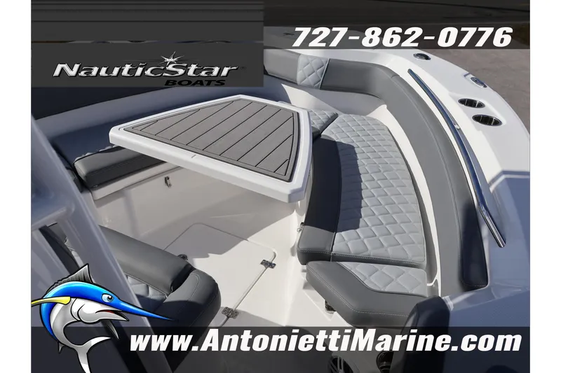 Slide: The Image of 2026 NauticStar 222 Offshore boat interior with seating and table, Antonietti Marine branding. - 33