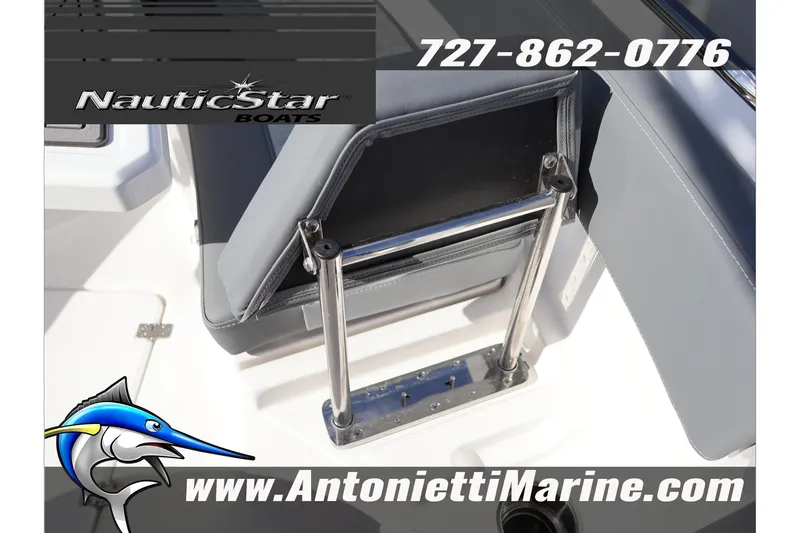 Slide: The Image of 2026 NauticStar 222 Offshore boat seat detail with contact info and logo. - 35