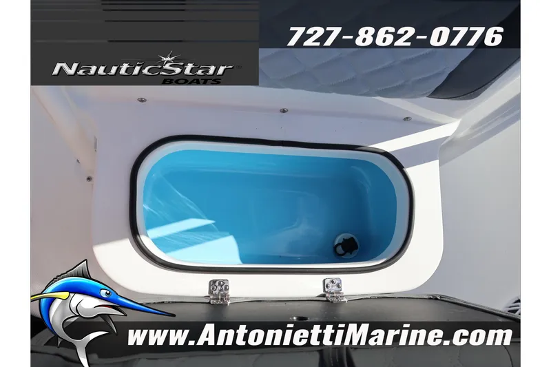 Slide: The Image of 2026 NauticStar 222 Offshore boat interior with livewell, featuring Antonietti Marine branding. - 40