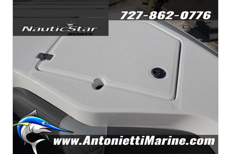 Slide: The Image of 2026 NauticStar 222 Offshore boat deck with logo and contact details. - 43