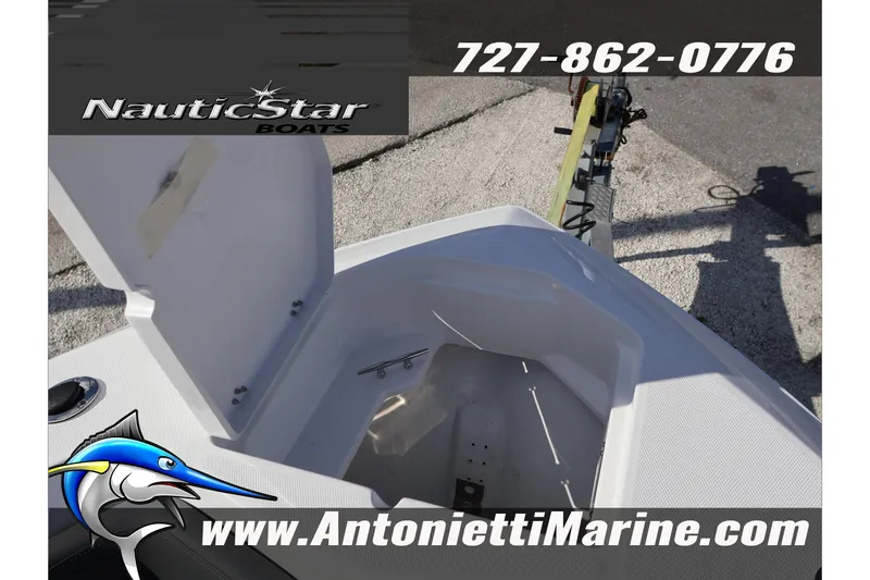 Slide: The Image of 2026 NauticStar 222 Offshore boat storage compartment, Antonietti Marine branding. - 44
