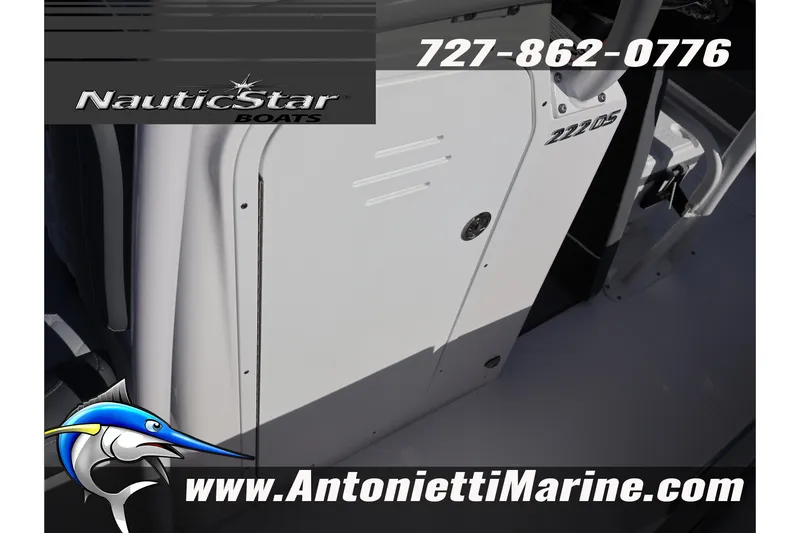 Slide: The Image of 2026 NauticStar 222 Offshore boat interior, featuring branding and contact details. - 47