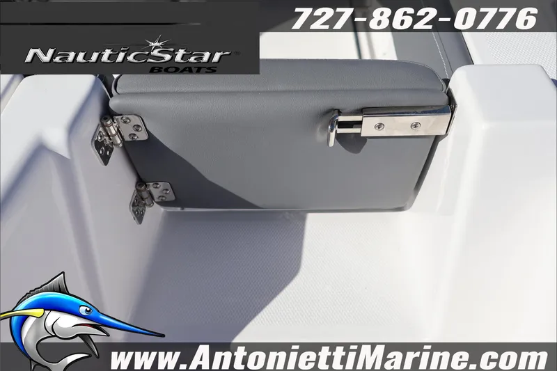 Slide: The Image of 2026 NauticStar 222 Offshore boat seat detail with logo and contact information. - 13