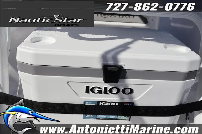 Slide: The Image of NauticStar 222 Offshore 2026 boat with Igloo cooler, Antonietti Marine branding. - 21