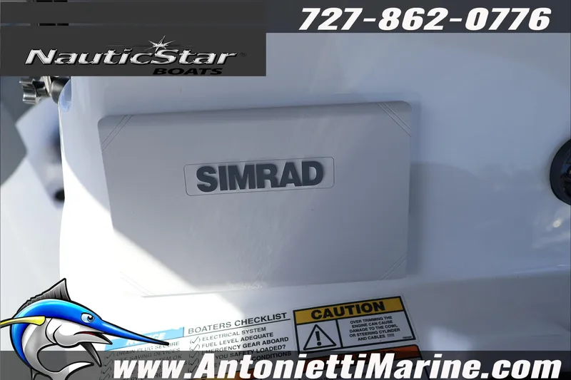 Slide: The Image of 2026 NauticStar 222 Offshore boat featuring Simrad equipment and contact details for Antonietti Marine. - 23