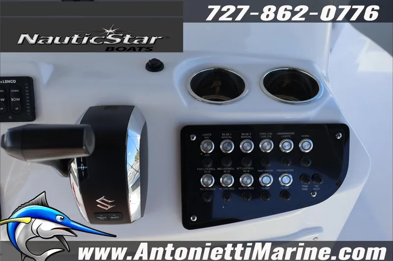 Slide: The Image of Control panel of 2026 NauticStar 222 Offshore boat with switches and throttle. - 25