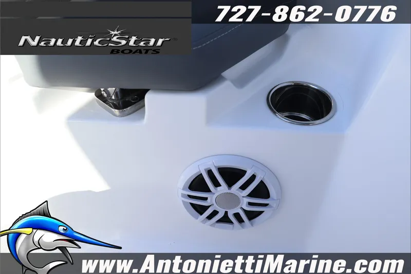Slide: The Image of 2026 NauticStar 222 Offshore boat interior with speaker and cup holder, Antonietti Marine branding. - 35