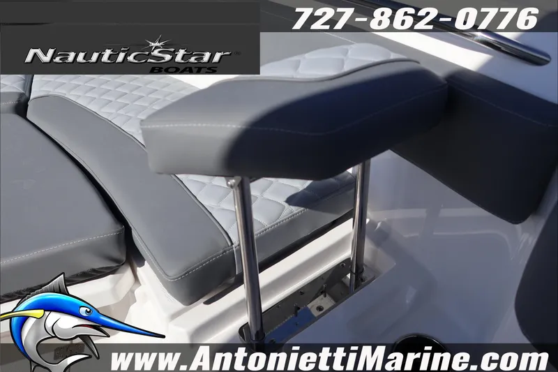 Slide: The Image of 2026 NauticStar 222 Offshore boat seating detail with logo and contact information. - 36