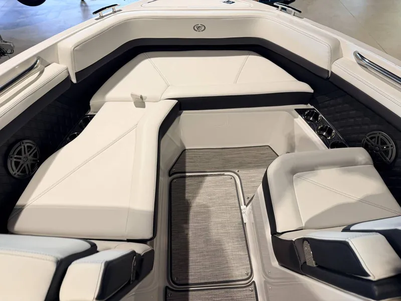 Slide: The Image of Interior of 2025 Cobalt R6 boat with luxurious white seating. - 37