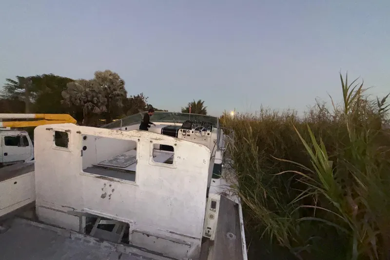 Slide: The Image of 1995 Bertram 46 Moppie boat in overgrown area, with person inspecting. - 36