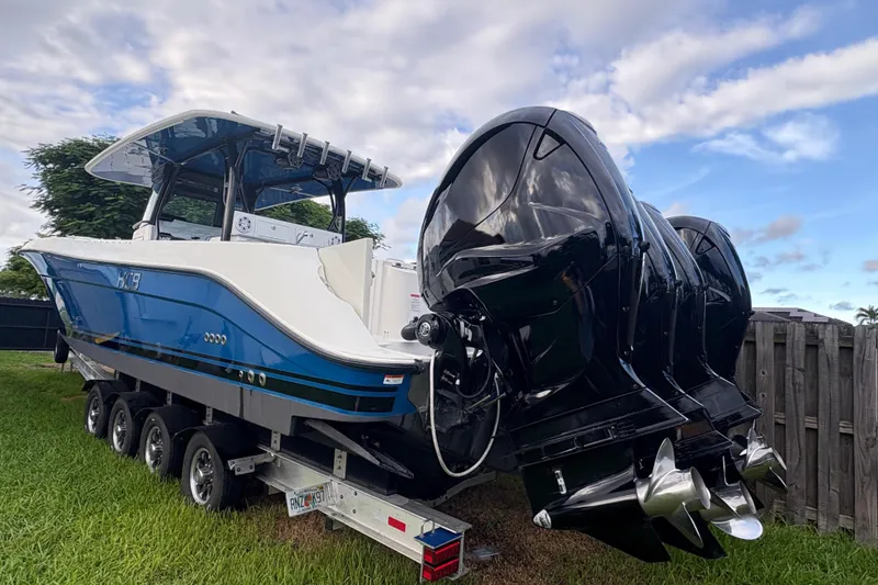 Slide: The Image of 2017 Hydra-Sports 4200 Siesta boat on trailer, blue hull. - 1