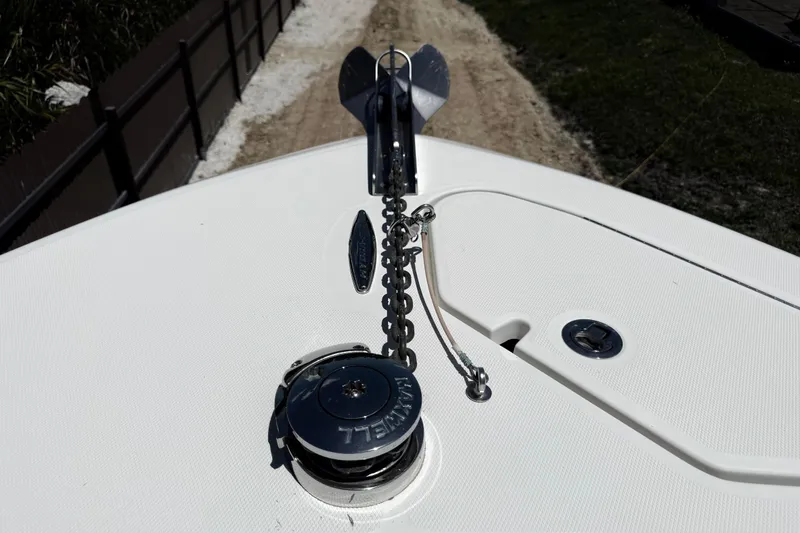 Slide: The Image of Bow of 2017 HCB 42 Siesta boat with anchor and chain mechanism. - 55