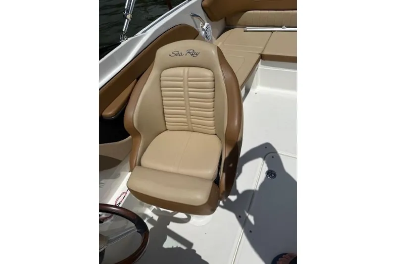 Slide: The Image of 2018 Sea Ray SPX 210 Outboard boat seat, beige and brown leather, with logo embroidery. - 18