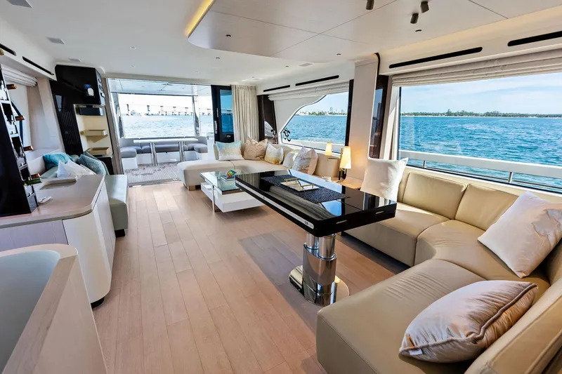 Slide: The Image of Luxurious interior of 2021 Azimut Fly 78 yacht with ocean view and elegant furnishings. - 12