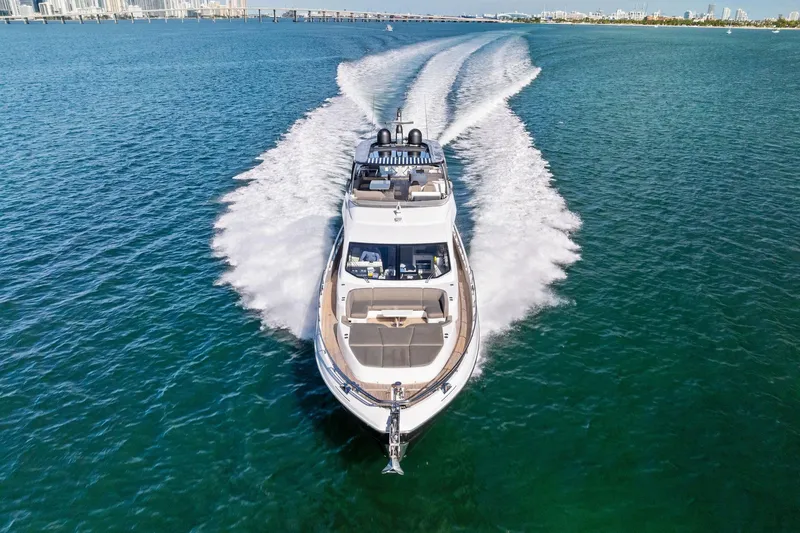 Slide: The Image of Azimut Fly 78 yacht cruising on open water, 2021 model, aerial view. - 4