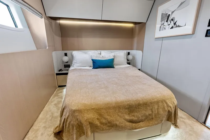 Slide: The Image of Luxurious bedroom interior of 2021 Azimut Fly 78 yacht with modern decor. - 48