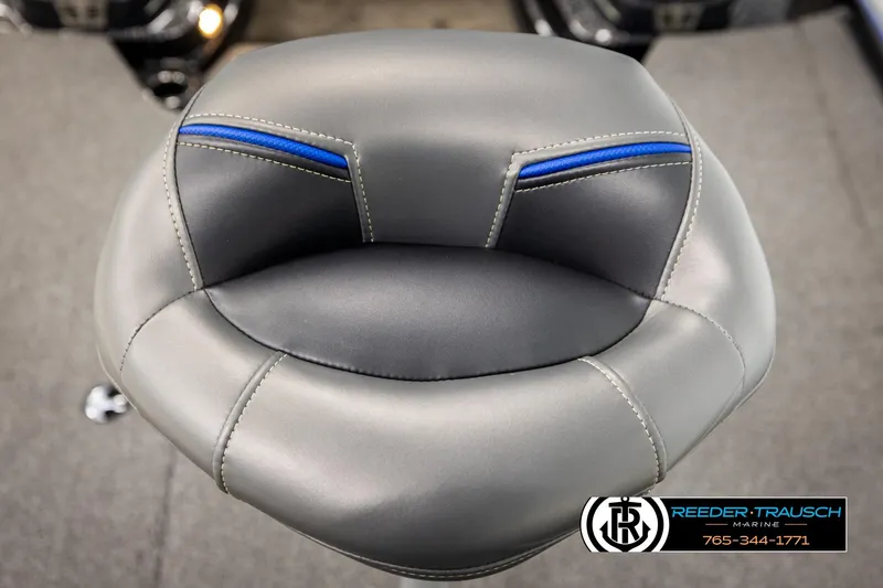 Slide: The Image of 2024 Bass Tracker NitroZ20 boat seat with gray and blue accents, Reeder-Trausch Marine logo. - 43