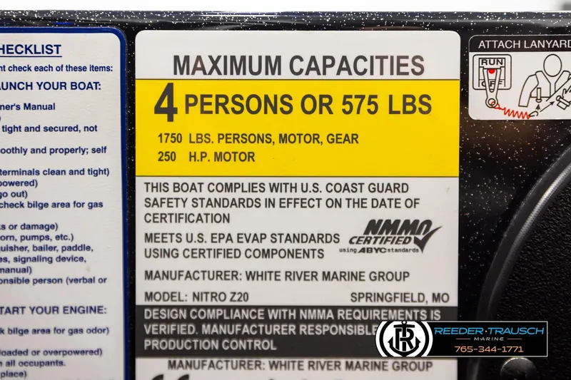 Slide: The Image of 2024 Bass Tracker NitroZ20 capacity label, 4 persons or 575 lbs, 250 HP motor. - 69