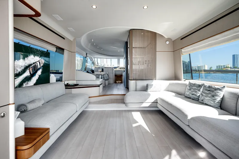 Slide: The Image of Luxurious interior of 2023 Azimut Fly 68 yacht with modern design and waterfront view. - 2