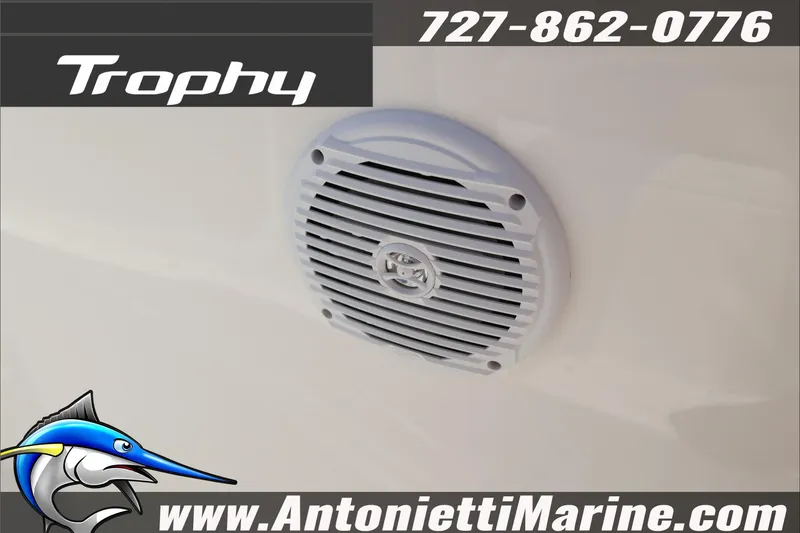 Slide: The Image of 2026 Bayliner Trophy T22CC speaker detail with contact info and logo. - 21