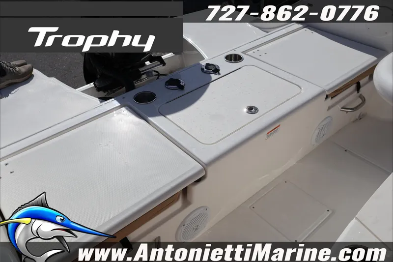Slide: The Image of 2026 Bayliner Trophy T22CC boat deck with storage compartments, displayed by Antonietti Marine. - 26