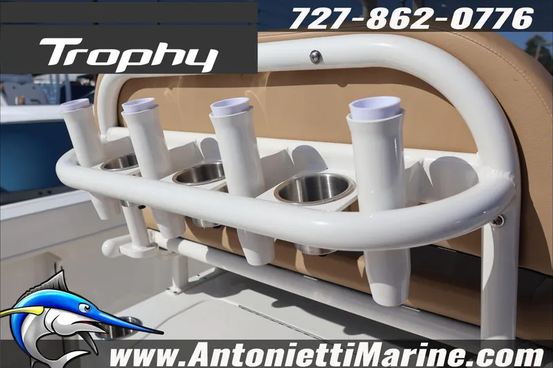 Slide: The Image of 2026 Bayliner Trophy T22CC boat rod holders and cup holders, Antonietti Marine branding. - 27