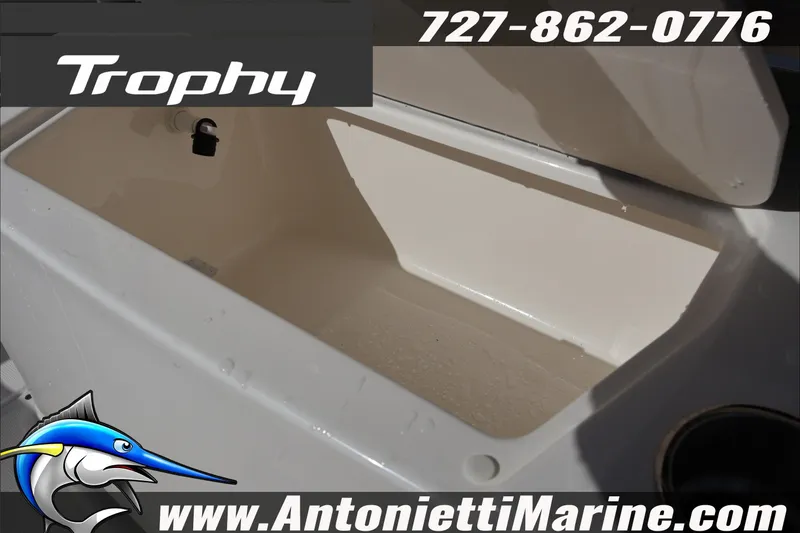Slide: The Image of 2026 Bayliner Trophy T22CC boat storage compartment, Antonietti Marine branding. - 28