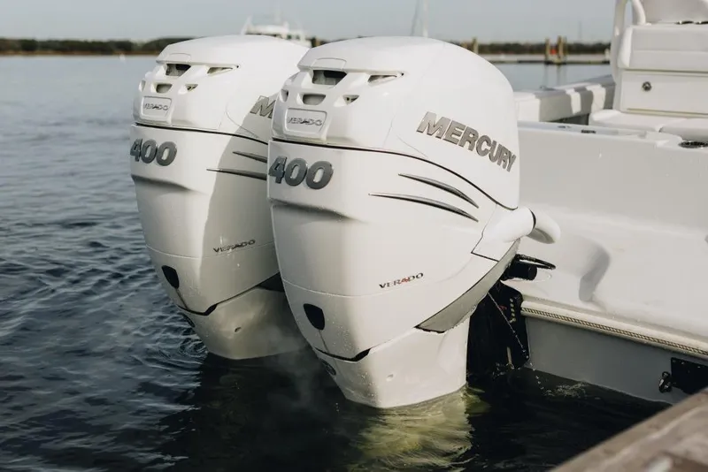 Slide: The Image of 2023 Yellowfin 32 Offshore boat with twin Mercury 400 outboard engines. - 12