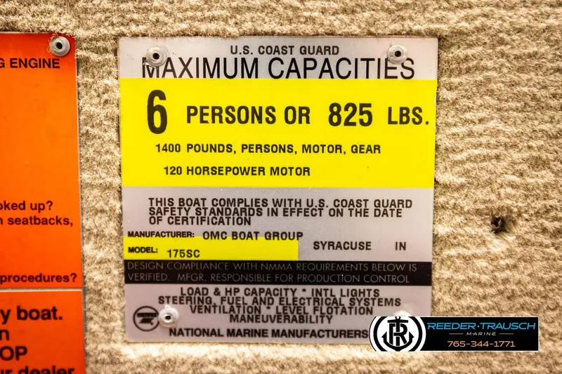 Slide: The Image of 1999 Lowe Sea Nymph V 179 SCX capacity label: 6 persons, 825 lbs, 120 horsepower motor. - 53