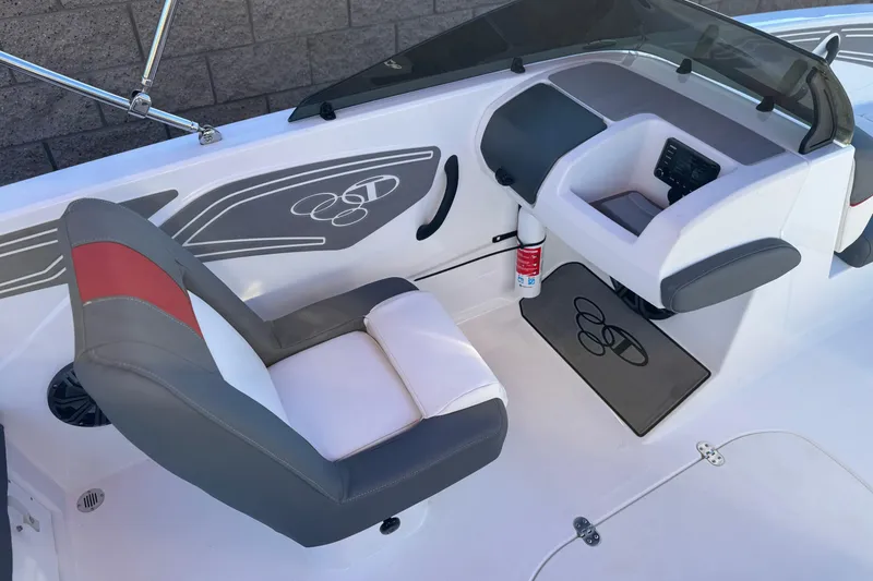 Slide: The Image of 2024 Tahoe T21 boat interior with modern seating and dashboard design. - 17