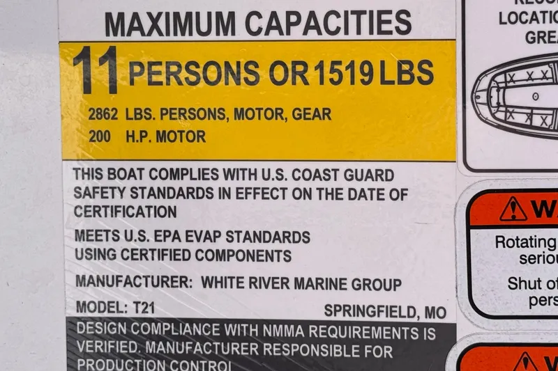 Slide: The Image of 2024 Tahoe T21 boat capacity label, 11 persons or 1519 lbs, 200 HP motor. - 25