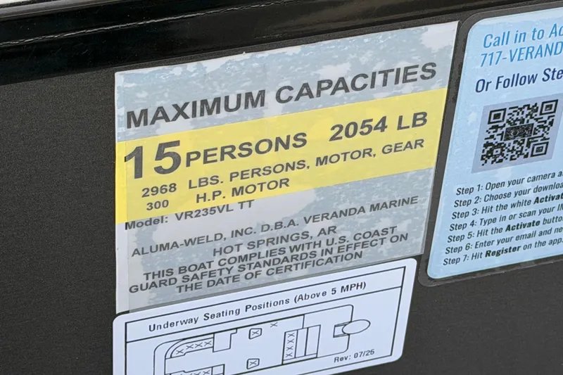 Slide: The Image of 2026 Veranda VR 235 VL boat capacity label, 15 persons, 2054 lbs, 300 HP motor. - 8