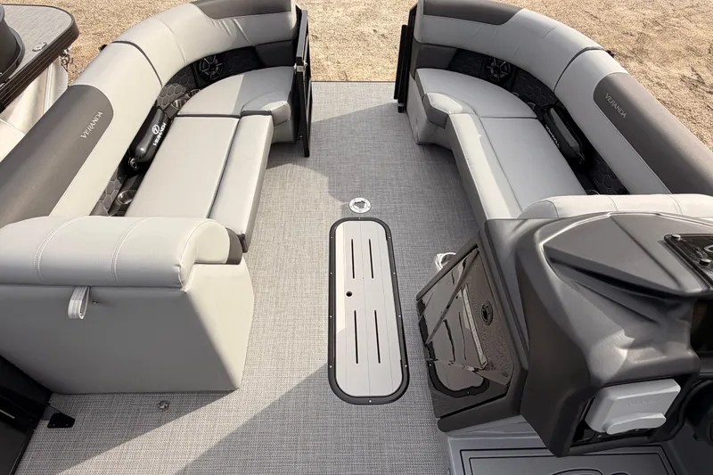 Slide: The Image of 2026 Veranda VR 235 VL pontoon boat interior with gray seating and flooring. - 9