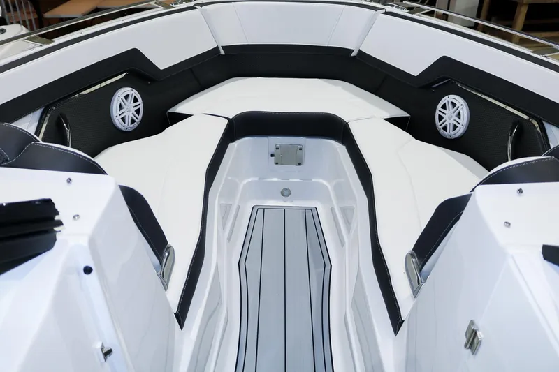 Slide: The Image of 2025 Monterey 278 Super Sport boat interior with sleek seating and modern design. - 11