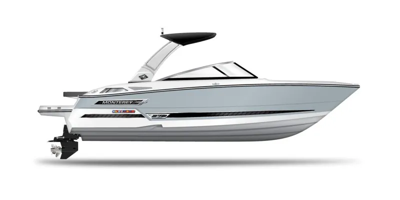 Slide: The Image of 2025 Monterey 278 Super Sport boat, side view, sleek design. - 16