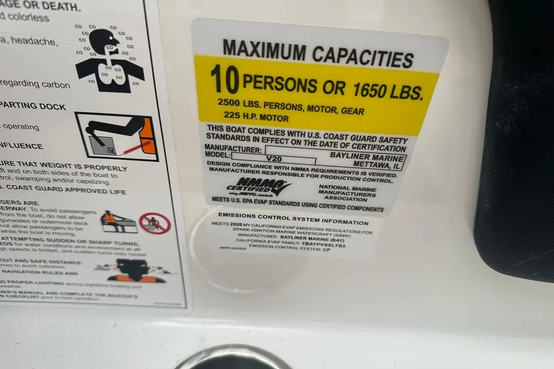 Slide: The Image of Bayliner V20 2026 capacity label: 10 persons or 1650 lbs, 225 HP motor. - 25