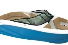Slide: The Image of 2026 Bayliner V20 boat with blue hull and sleek design. - 26