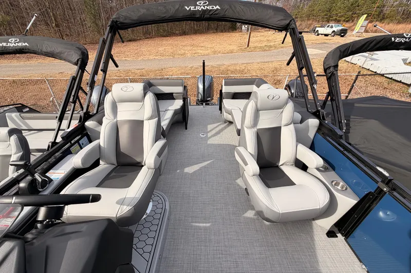 Slide: The Image of 2026 Veranda VR 235 RC pontoon boat interior with luxurious seating and sleek design. - 12