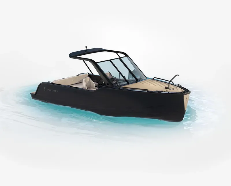 Slide: The Image of 2024 X Shore 1 electric boat on calm water, featuring sleek black design and modern canopy. - 11